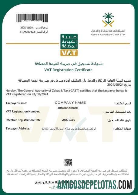 Modelo realista de certificado de registro de IVA da Arábia Saudita em Word e PDF